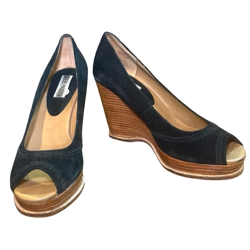 Steve Madden Cristan Black Suede Peep Toe Platform Wedge Heels Size 8.5